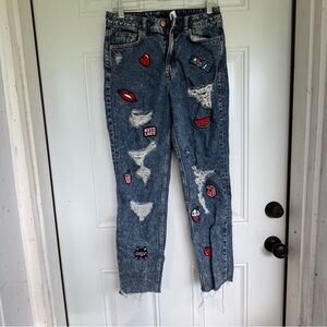 H&M Divided patchwork 
Trendy Distressed Blue Jeans with Patches Sz 8